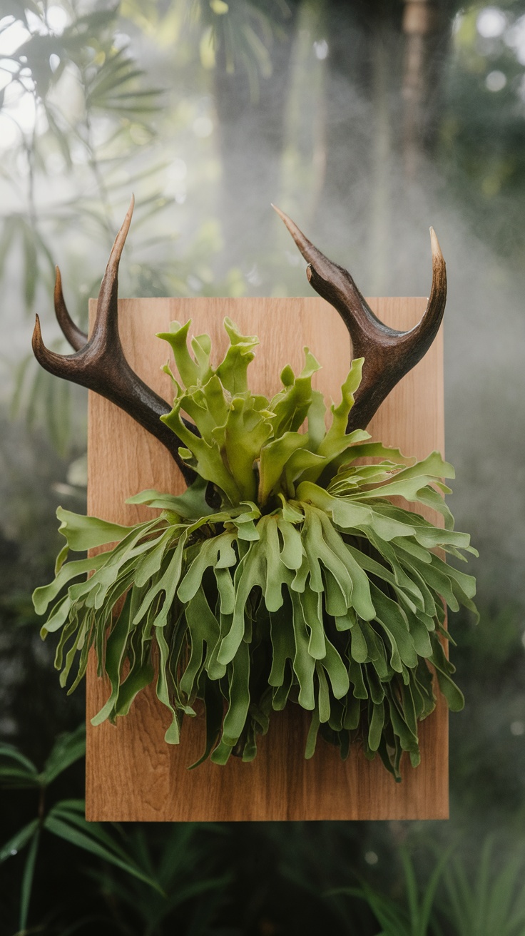 A staghorn fern mounted on wood, showcasing its unique antler-like fronds in a misty environment.