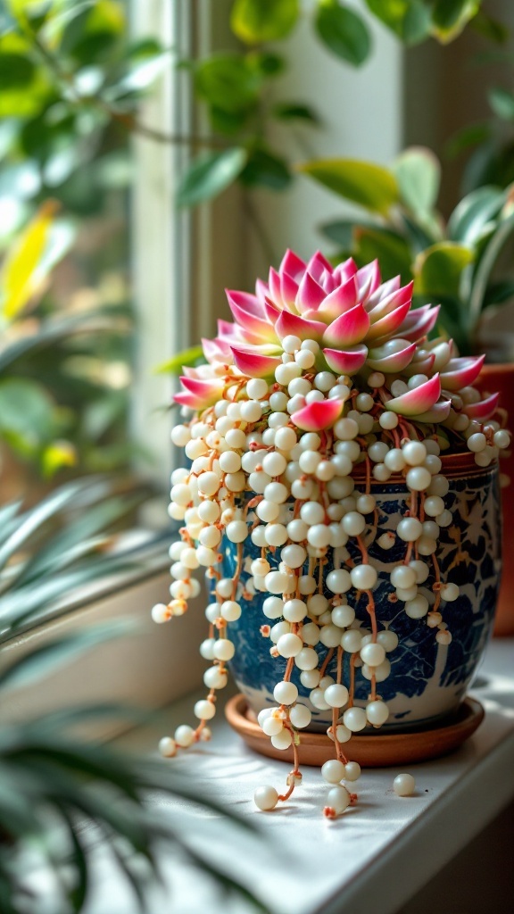 A beautiful String of Pearls succulent in a decorative pot, with trailing vines and bead-like leaves