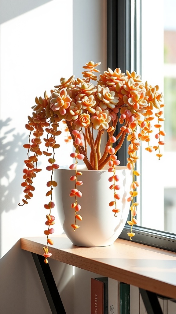 A trailing succulent plant with bead-like leaves in a white pot on a wooden shelf.