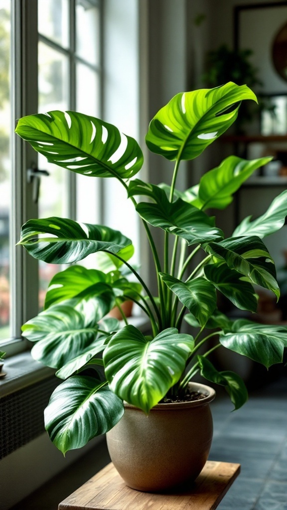 A Swiss Cheese Plant with large, perforated leaves in a decorative pot near a window