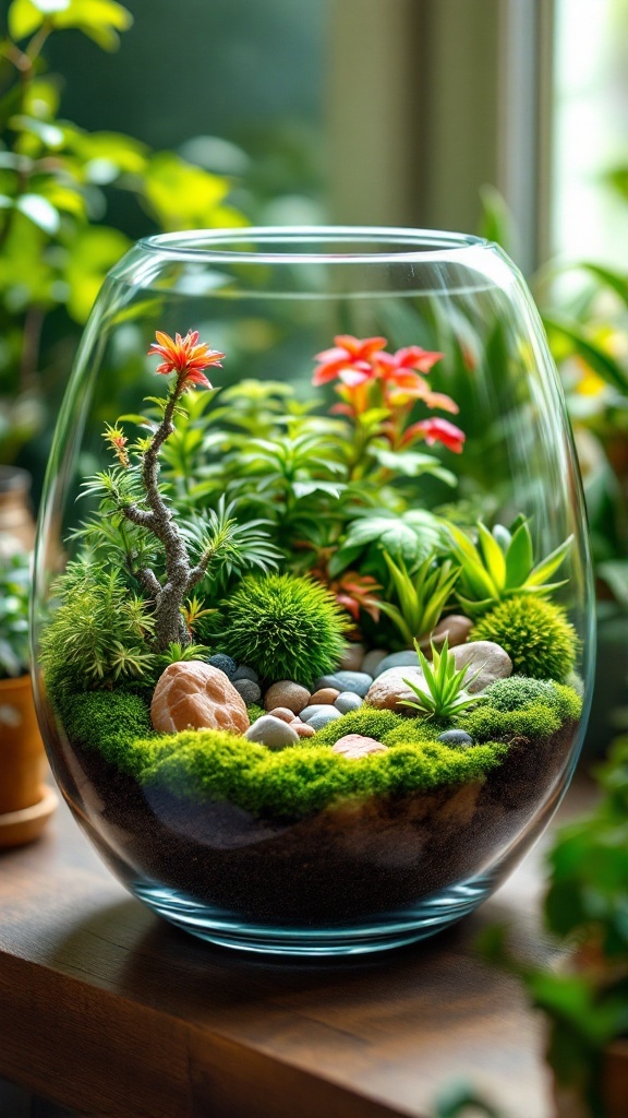 A vibrant terrarium with various plants, rocks, and moss in a glass container.