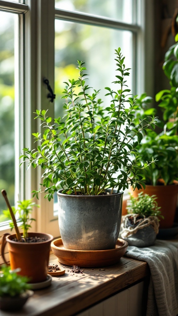 A healthy thyme plant in a pot on a sunny windowsill, surrounded by other herbs.