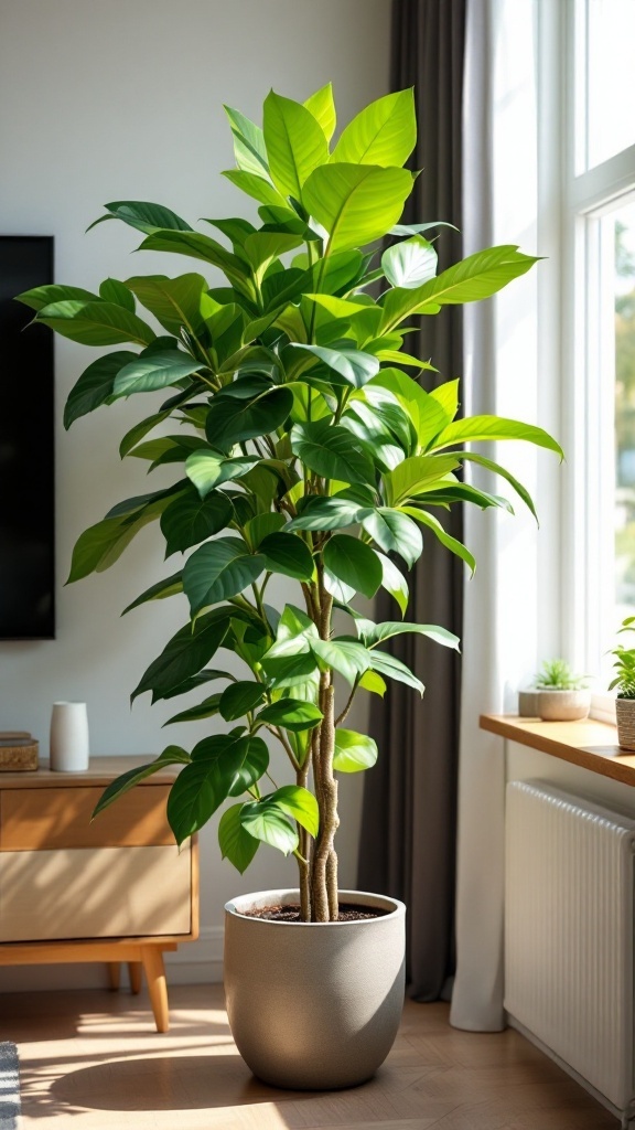 A tall Umbrella Tree in a spacious living room setting with bright natural light.