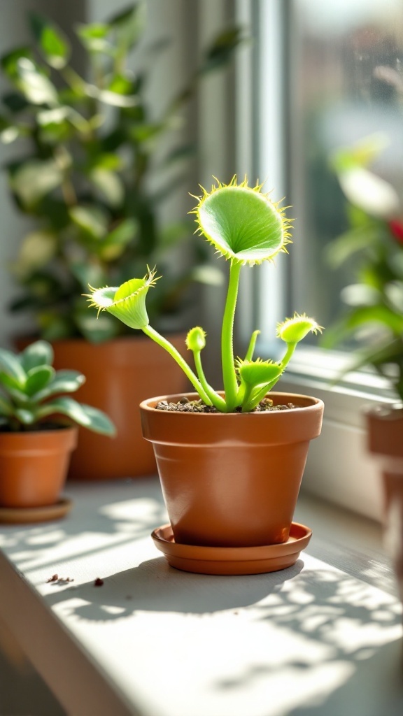 A vibrant Venus Flytrap in a terracotta pot on a sunny windowsill, surrounded by other small houseplants.