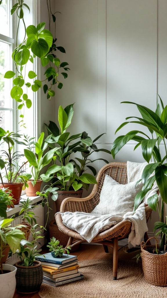 A cozy indoor garden setup featuring various houseplants and a comfortable chair.