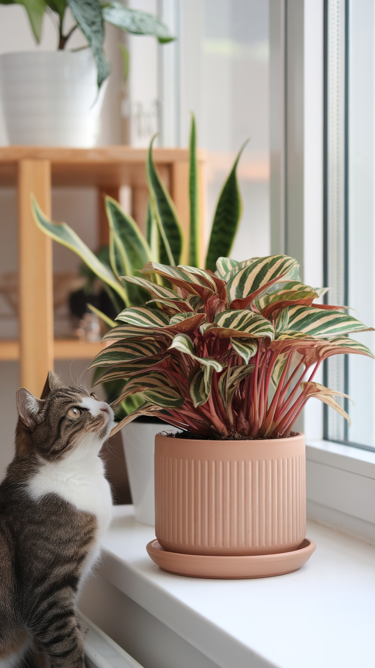 Watermelon Peperomia plant with a curious cat nearby