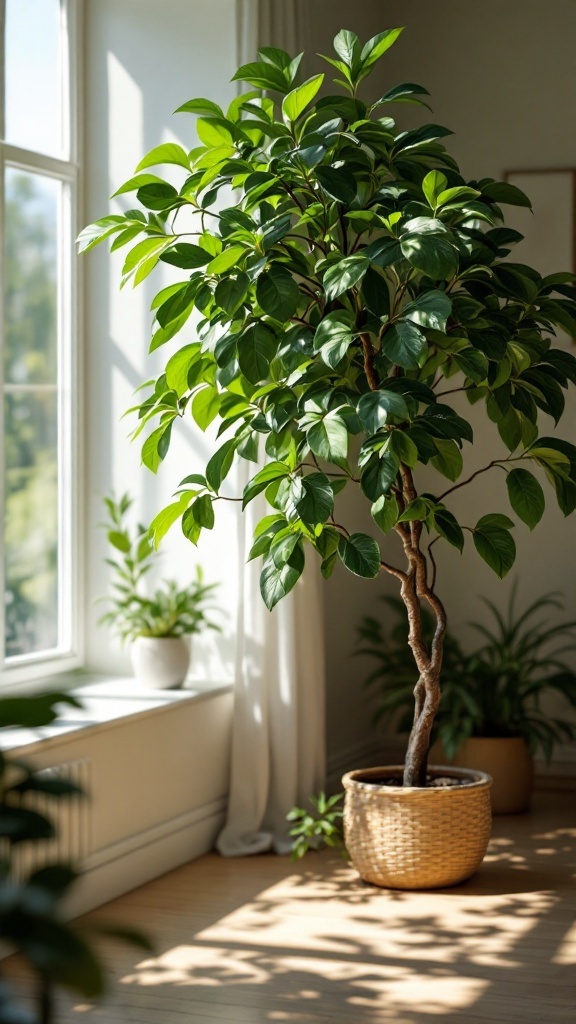 A Weeping Fig plant standing tall in a bright room with sunlight streaming in through the windows.