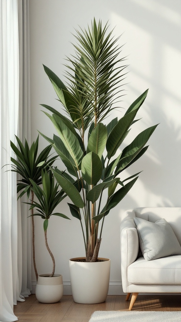 A tall Yucca plant positioned beside a cozy white couch in a well-lit room, showcasing its striking green leaves.