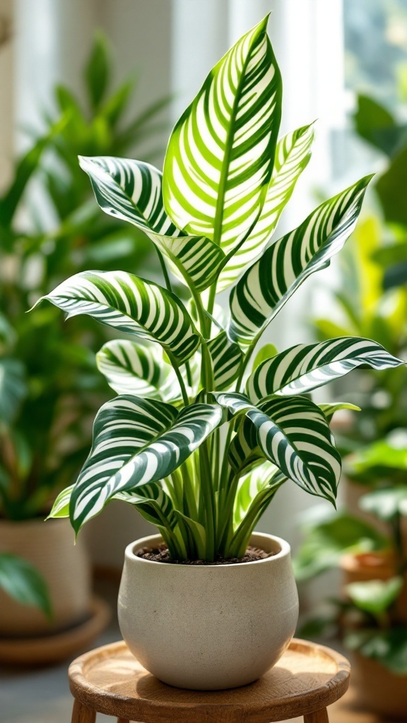 Zebra Plant in a pot on a wooden stool, showcasing its striped leaves