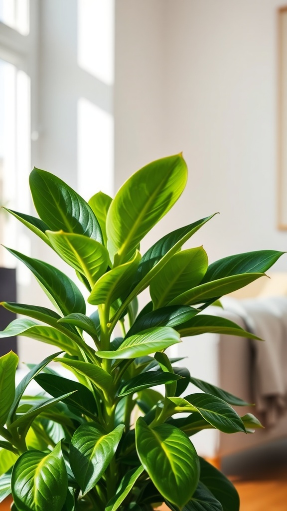 A close-up view of a ZZ plant with lush green leaves, set in a bright interior space.