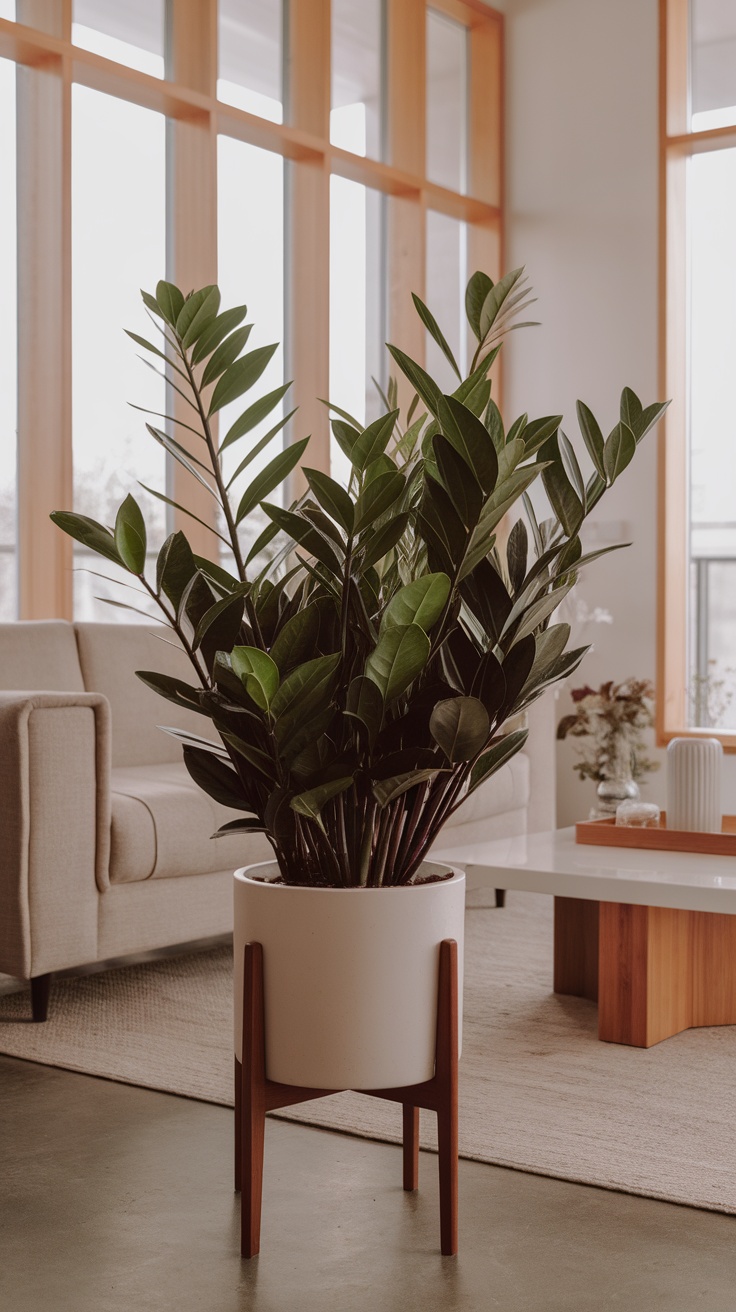 A ZZ plant in a modern pot, placed in a bright indoor space.