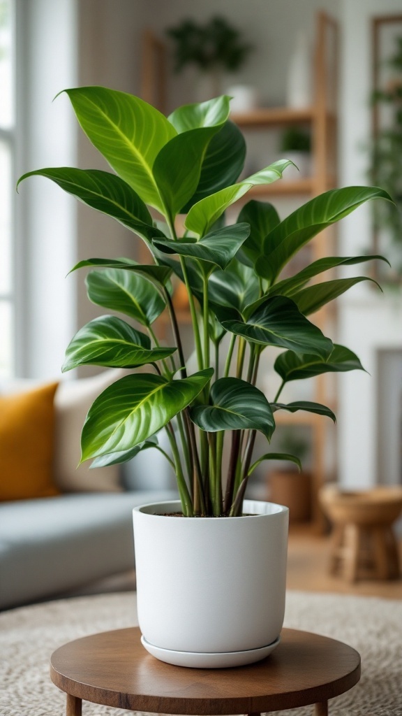 A lush ZZ plant in a white pot on a wooden table, set in a cozy living space.