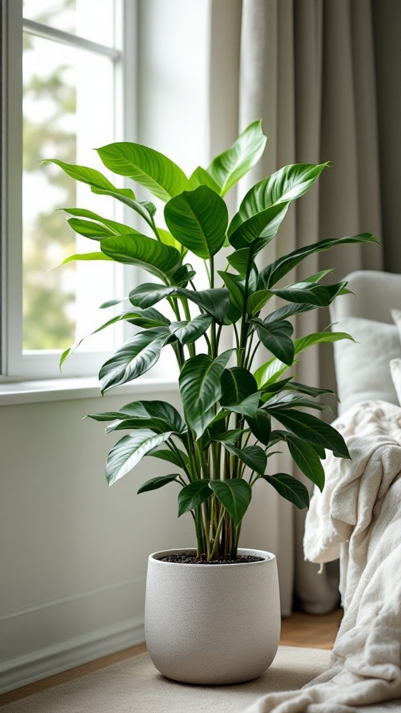 A healthy Zz plant in a modern white pot, sitting by a window with natural light.