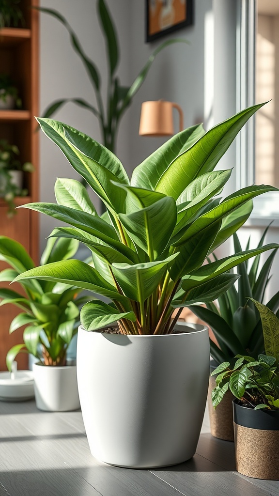 A healthy Zz plant in a modern white pot, surrounded by other houseplants in a bright room.