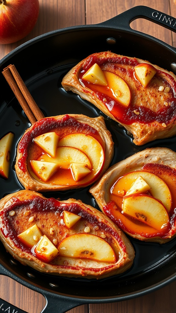 Deliciously glazed pork chops with apple slices in a cast iron skillet.