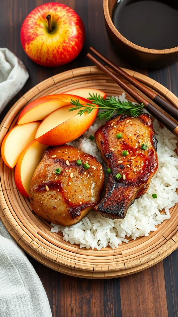 Asian-inspired pork chops served with gingered apples and rice