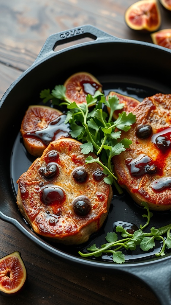 Cast iron skillet with balsamic fig pork chops garnished with fresh herbs.