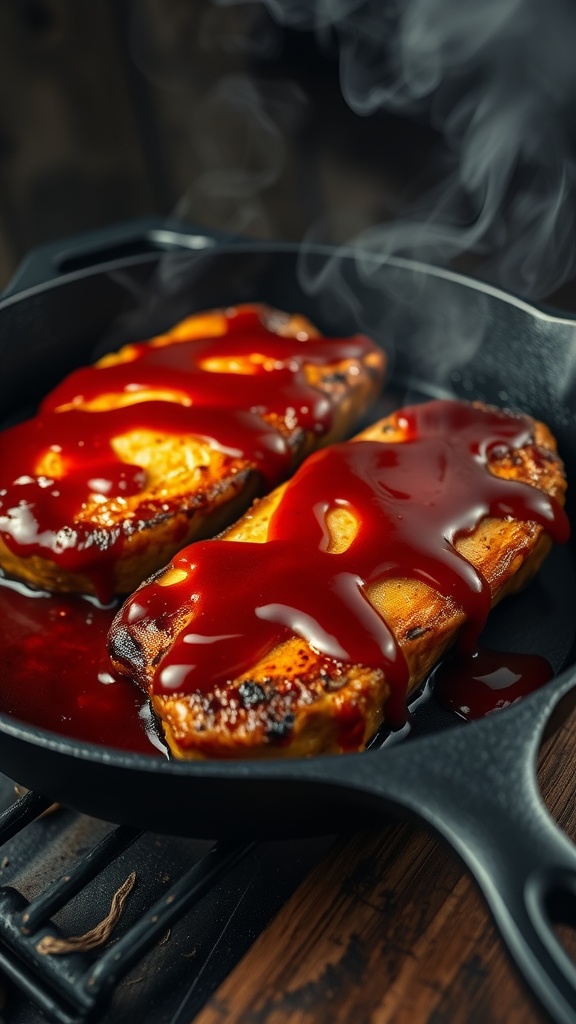 Barbecue pork chops in a cast iron skillet with barbecue sauce.