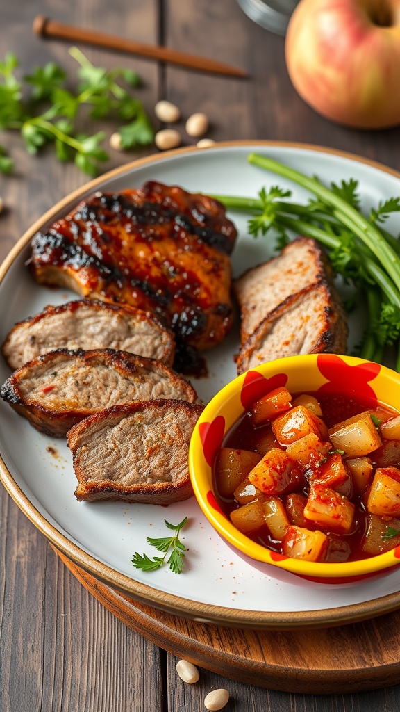 Barbecue pork chops served with spiced apple chutney and garnished with fresh herbs.