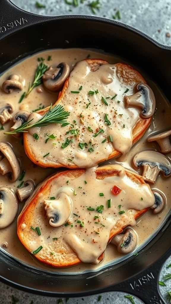 Creamy garlic mushroom pork chops with a rich sauce and garnished with parsley