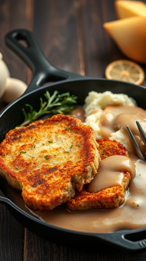 Crispy fried pork chops served with mashed potatoes and gravy in a cast iron skillet.