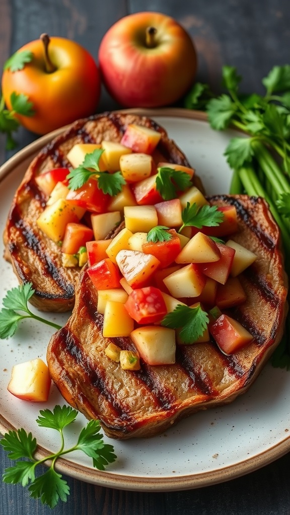 Grilled pork chops served with apple salsa on a plate, garnished with cilantro.