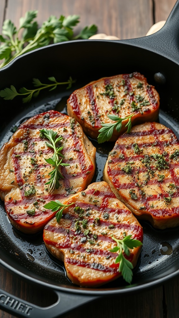 Herb-crusted pork chops cooked in a cast iron skillet.