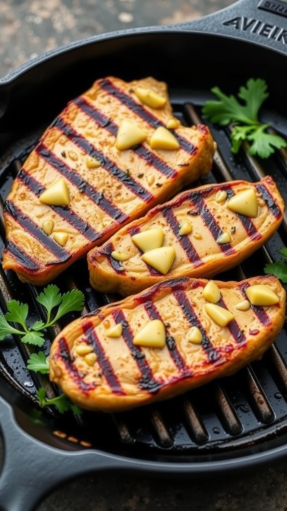 Honey mustard grilled pork chops on a grill with garnish