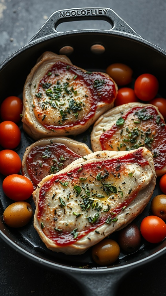 Italian Herb Pork Chops with marinara sauce and cherry tomatoes