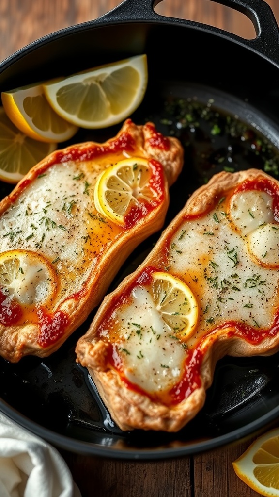 Lemon thyme pork chops in a cast iron skillet