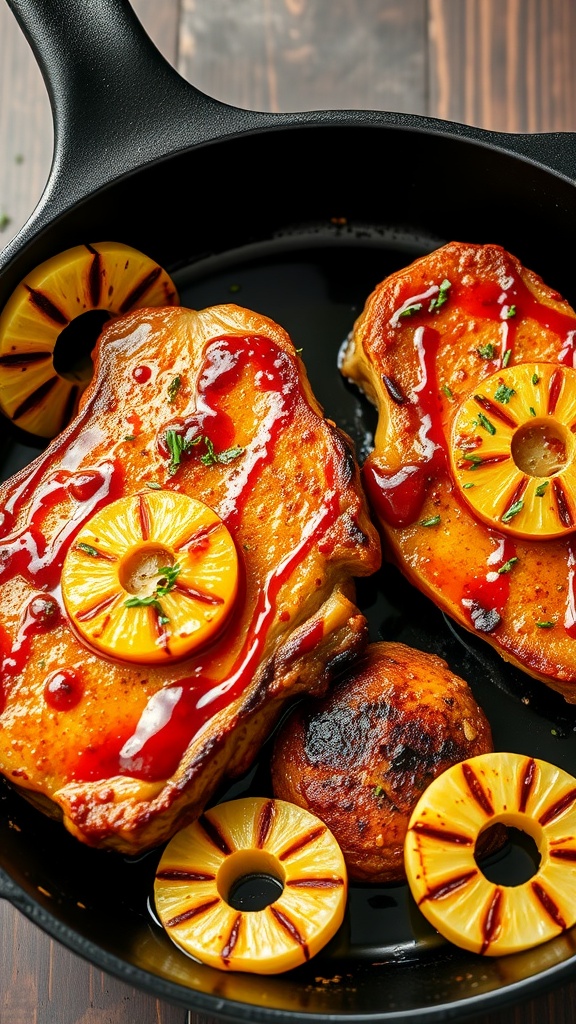 Pineapple Teriyaki Pork Chops in a cast iron skillet