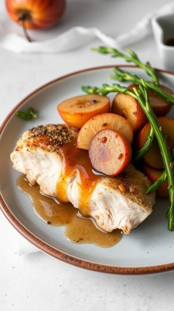 Pork chops served with maple-glazed apples and green beans on a plate