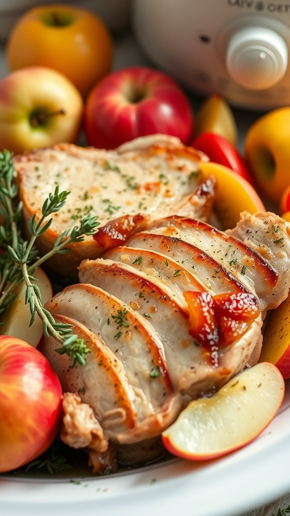 Delicious slow cooker pork chops with apples and thyme, served with fresh apples around.