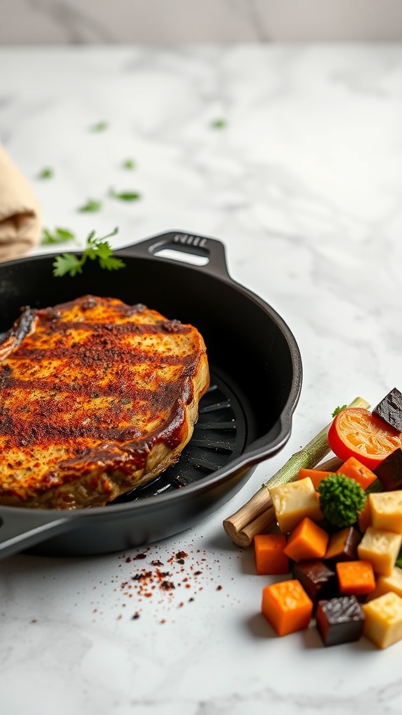 Smoky paprika pork chop in a cast iron skillet with colorful vegetables.