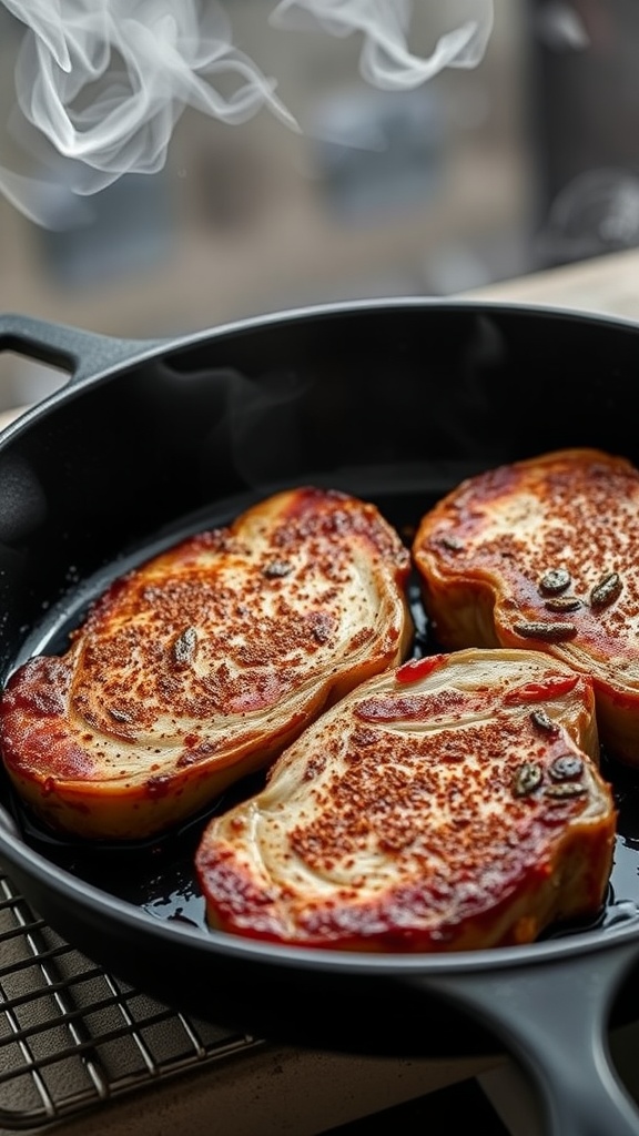 Spicy chipotle pork chops cooking in a cast iron skillet.