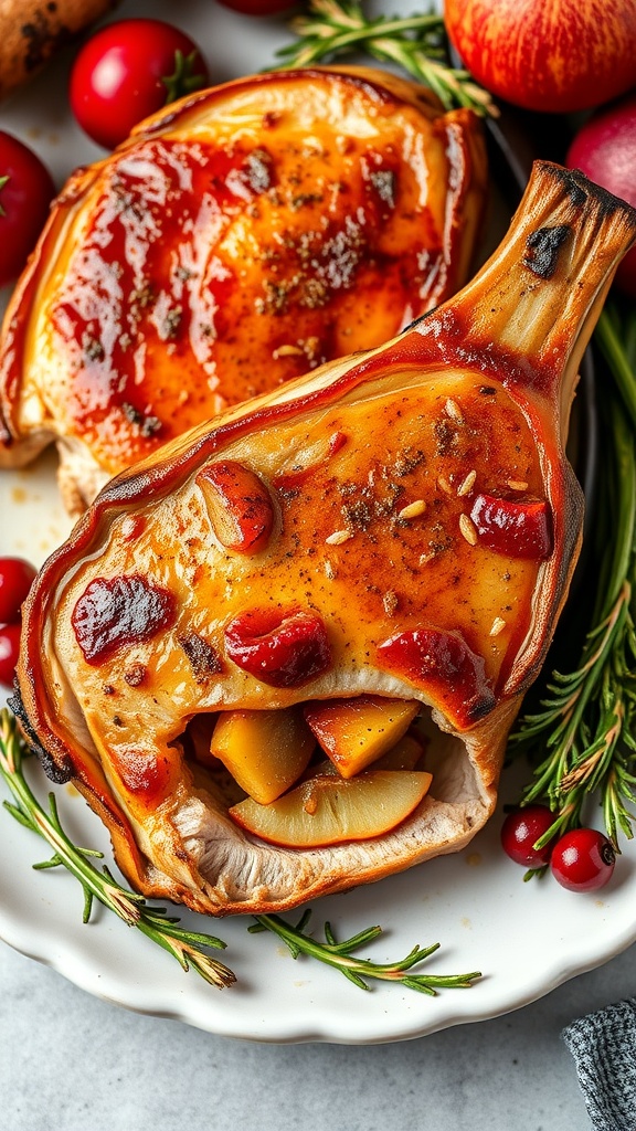 Stuffed pork chops with apple and cranberry filling on a plate