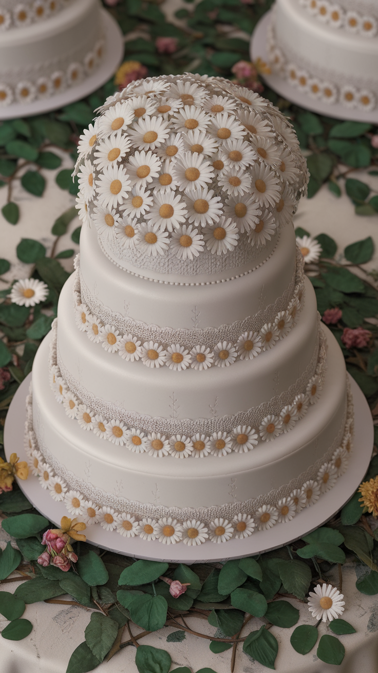 A classic white wedding cake adorned with daisies on top and around the tiers, surrounded by green leaves and colorful flowers.