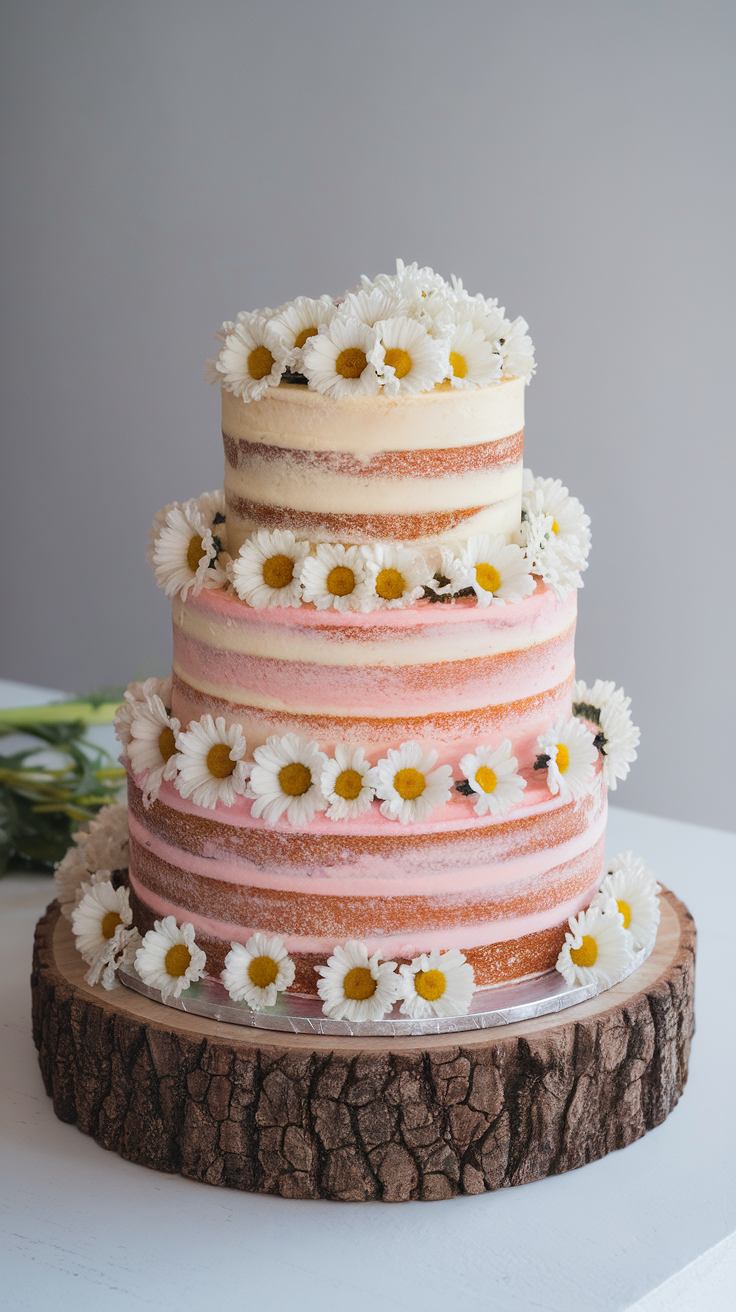 A semi-naked wedding cake with daisy flowers, featuring layers of pink and white frosting.