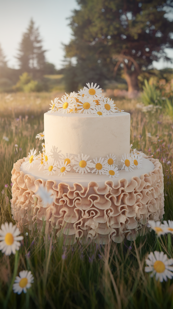 Wedding cake with daisy flowers and ruffled buttercream frosting in a field