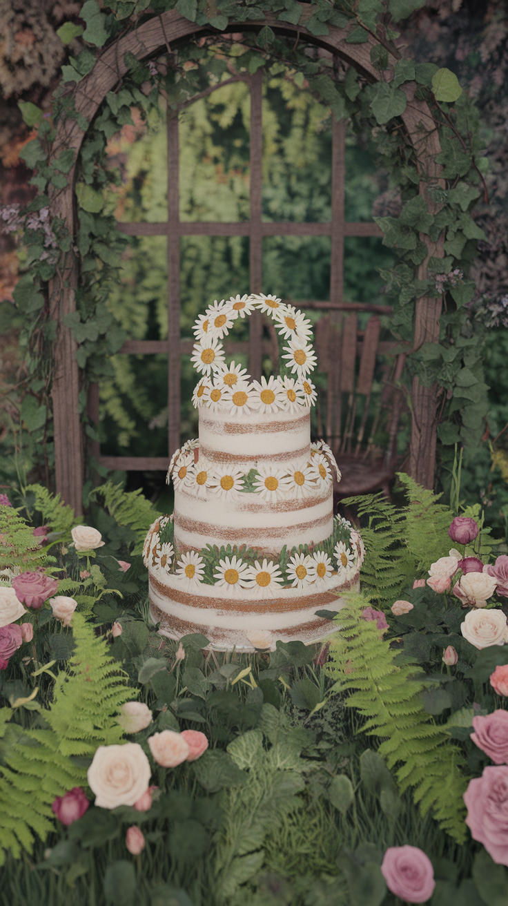 Wedding cake decorated with daisy flowers, surrounded by greenery and roses.