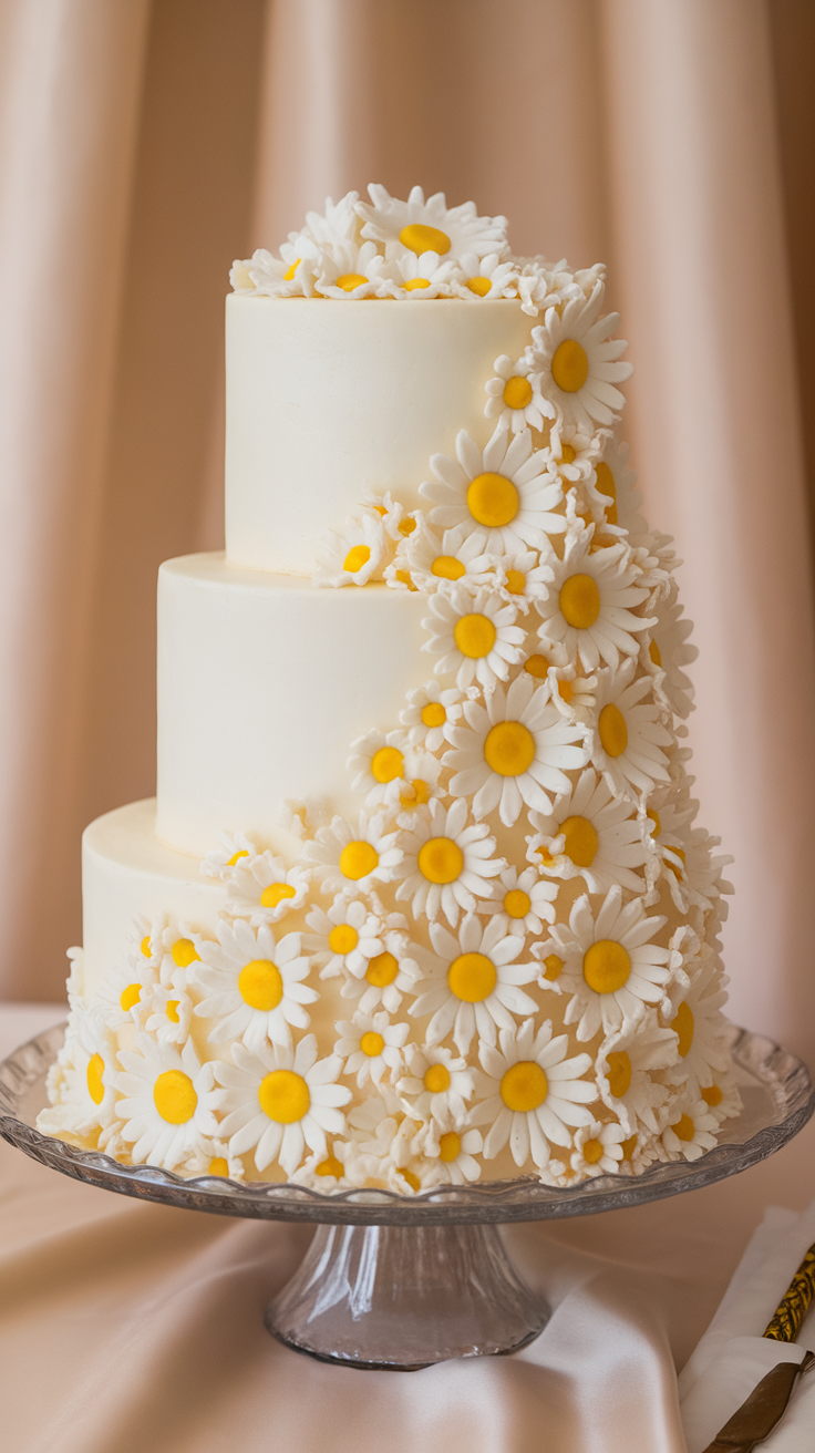 A three-tiered wedding cake decorated with a cascade of fondant daisies and yellow centers.