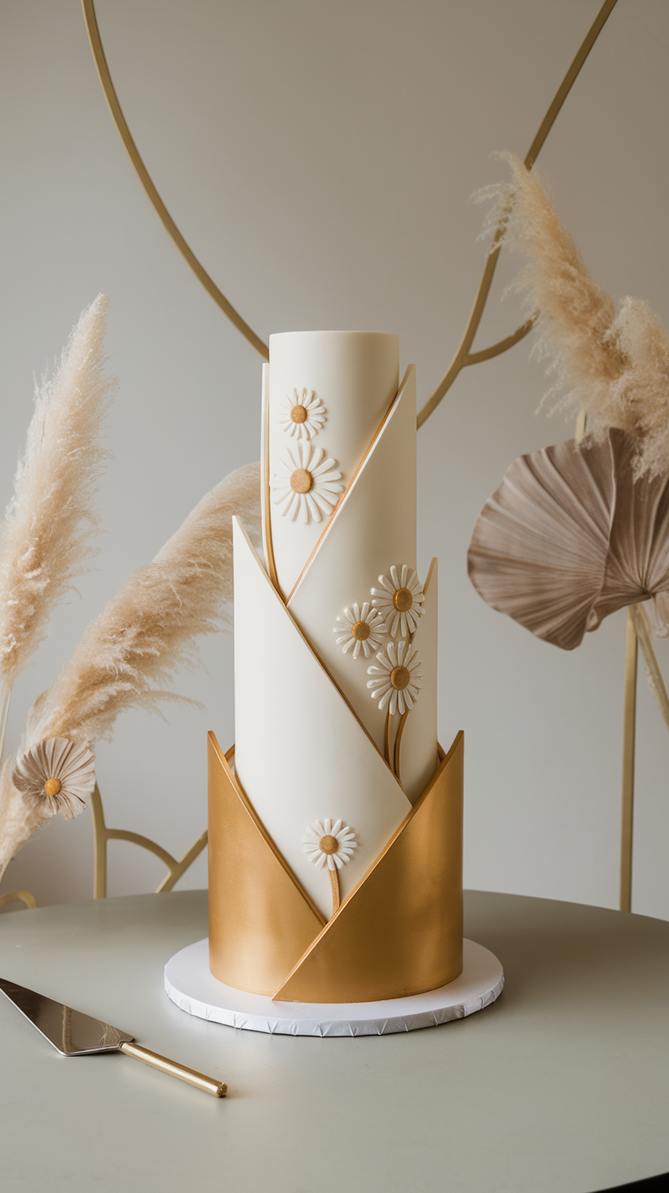 A geometric wedding cake with daisy flower inlays and golden accents.