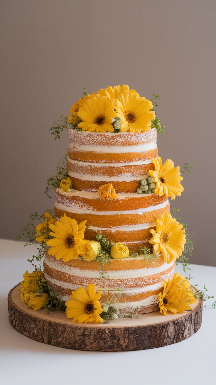 A three-tiered naked cake decorated with yellow daisy flowers and greenery.