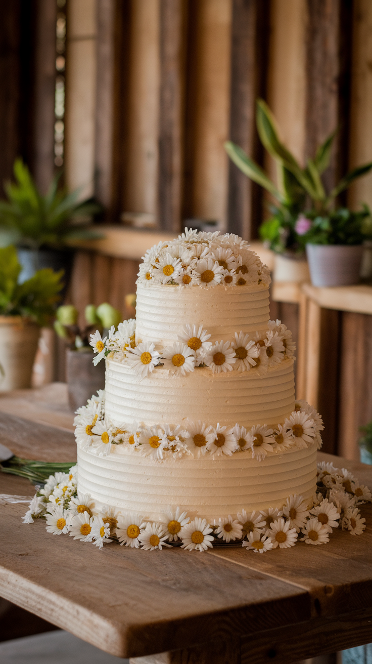 A rustic buttercream three-tier cake decorated with daisy flowers, set on a wooden table.