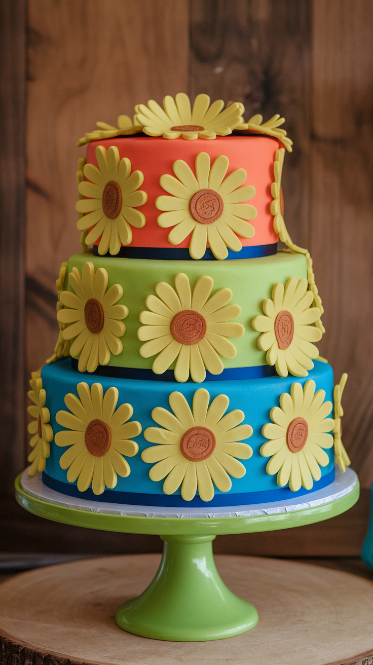 A colorful tiered wedding cake decorated with bold yellow daisy flowers.