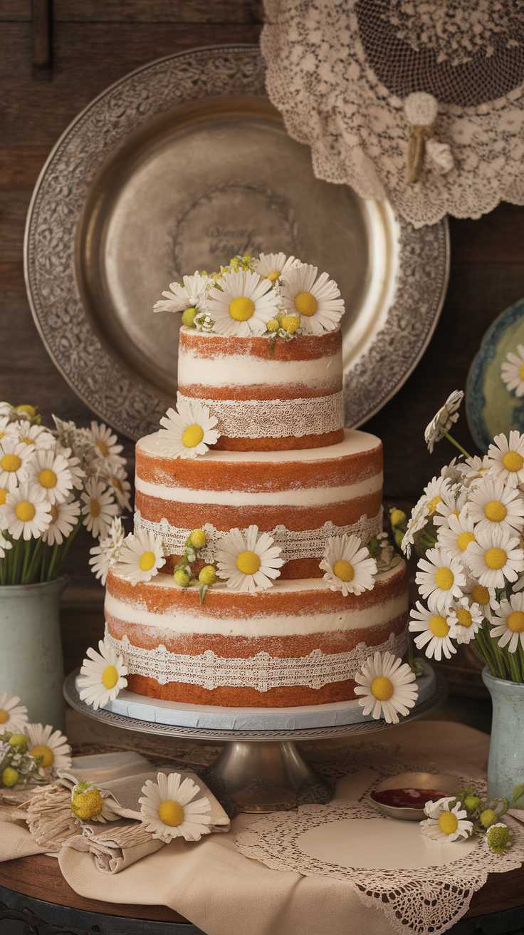 A beautiful three-tiered wedding cake with daisy flowers and lace decorations