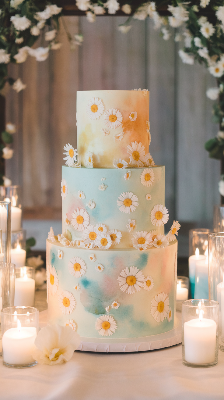 A beautiful three-tiered wedding cake decorated with watercolor designs and daisies.