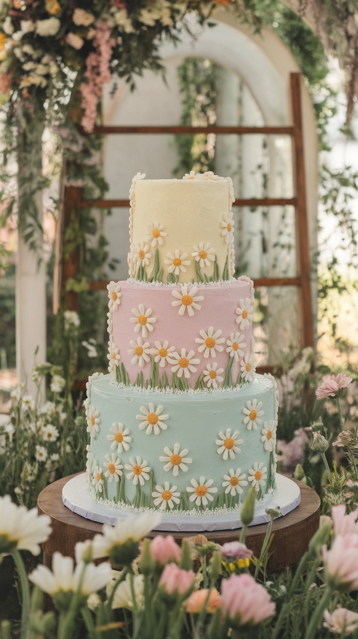A three-tiered pastel wedding cake decorated with daisies, set amidst flowers.