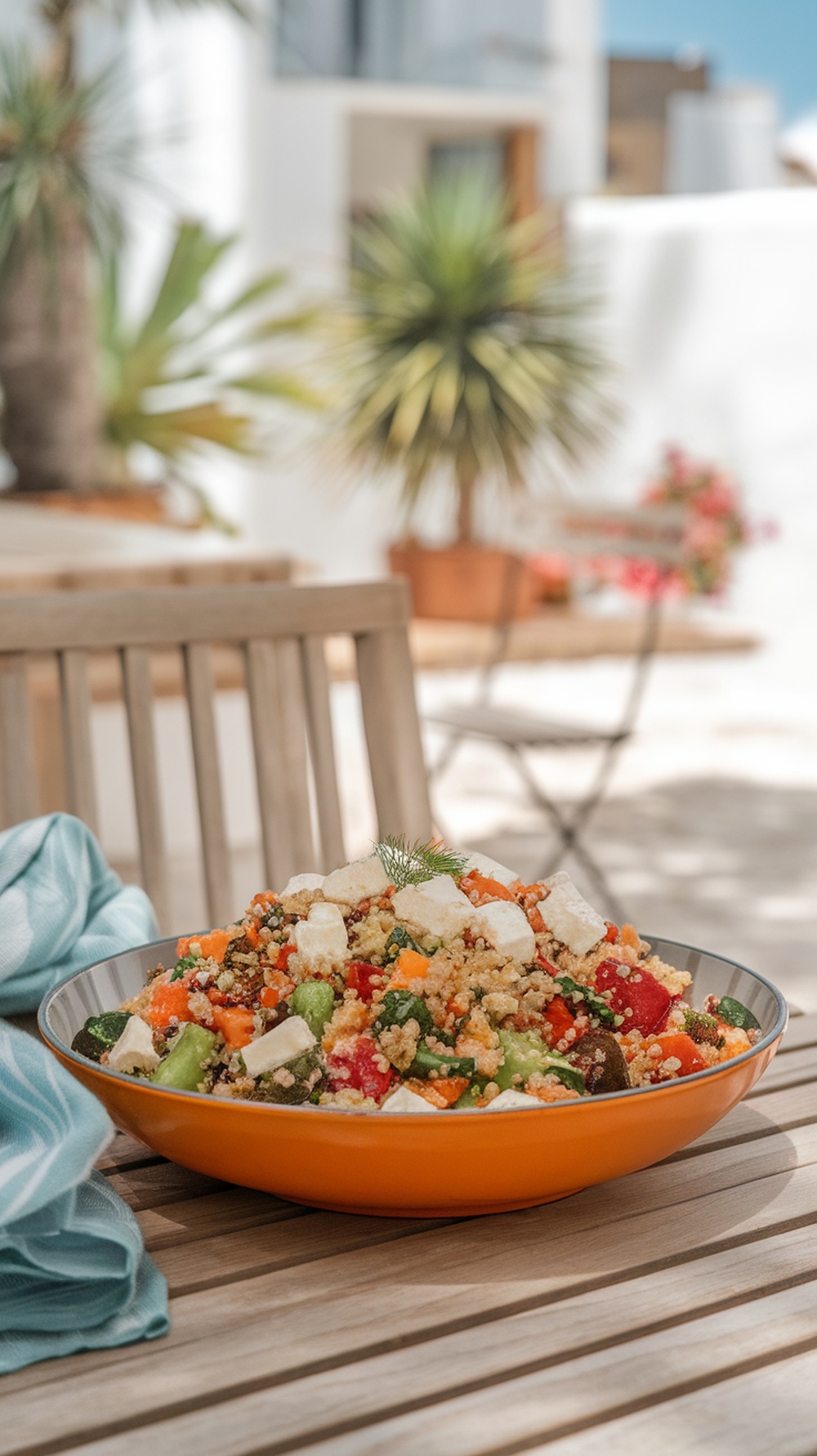 A colorful bowl of Mediterranean quinoa salad with fresh vegetables and feta cheese on a wooden table.