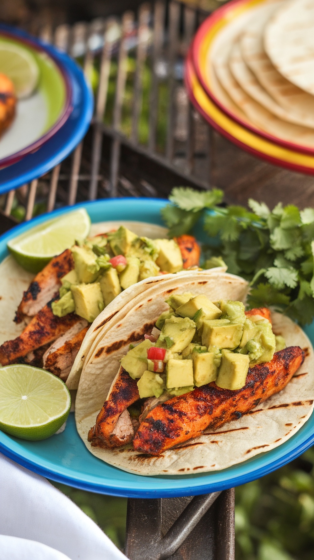 Grilled chicken tacos with avocado salsa on a blue plate, garnished with lime and cilantro.